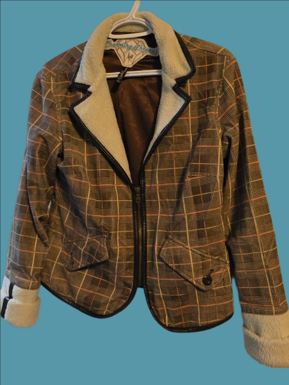 4/$67 Deal! Gentle Fawn Brown Plaid Sherpa-Trim Bomber Jacket